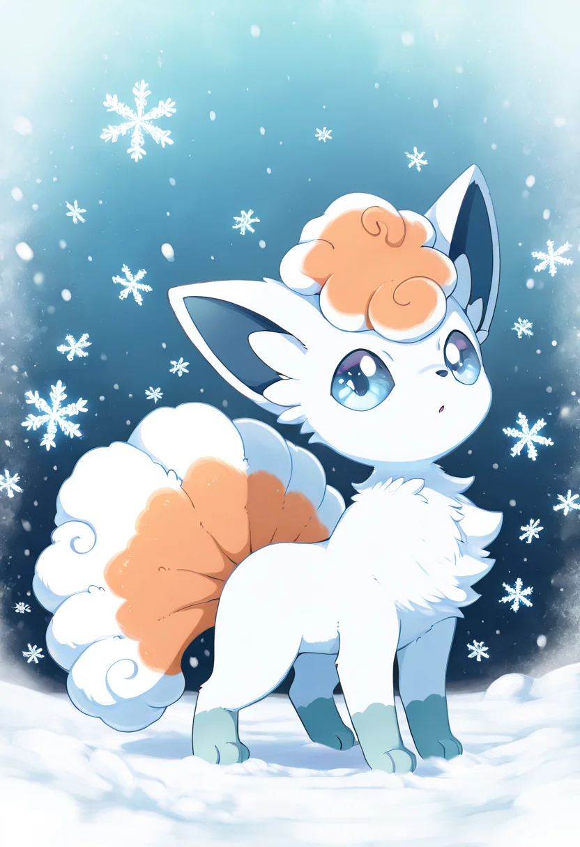 masterpiece, best quality, no humans, zzVulpixA, fluffy, solo, full body, looking at viewer, orange fur, white fur, nine tails, fluffy tail, fox, large eyes, standing, winter background, snowflakes, playing in the snow ,<lora:VulpixAlolanPokedex_IXL_v1:1.0>,