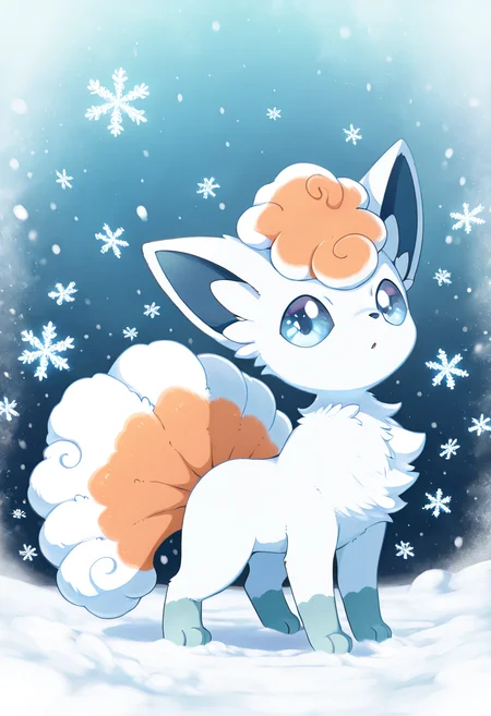 masterpiece, best quality, no humans, zzVulpixA, fluffy, solo, full body, looking at viewer, orange fur, white fur, nine tails, fluffy tail, fox, large eyes, standing, winter background, snowflakes, playing in the snow ,<lora:VulpixAlolanPokedex_IXL_v1:1.0>,