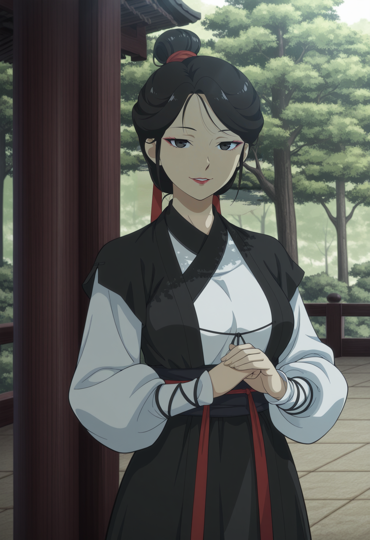1girl,solo,mm,mature female,black hair,black eyes,makeup,lipstick,hair bun,single hair bun,hair ribbon,anime coloring,
chinese clothes,long sleeves,hanfu,own hands together, day,tree,nature, looking at viewer, parted lips, smile,
,masterpiece,best quality,amazing quality,<lora:Qiu_WanLai-Fairies_Album:0.8>