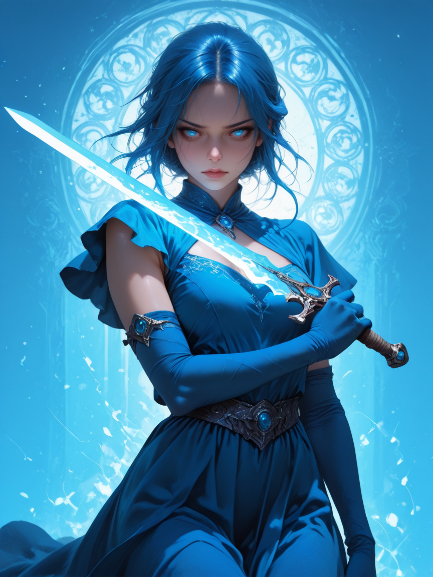 masterpiece, best_quality, amazing quality, newest,
semi-realistic, fantasy-style.
1girl, 30 years old, 
shaded face.
blue hair.
wearing dress armer,
elbow gloves.
holding translucent sword with hands, straight-on.
blue smog background. 
clear color grading, blue theme.
shoot from side, dynamic angle.
<lora:Style-Hyper-SDXL-12steps-CFG-lora:0.>
<lora:add_brightness_XL:-0.2>
<lora:add_contrast_XL:-0.>
<lora:add_outline_XL:-0.1>
<lora:add_saturation_XL:0.>
 <lora:Sinozick_Style_XL_Pony:0.4> sinozick style, flat color, 
<lora:Fant5yP0ny:0.8>
