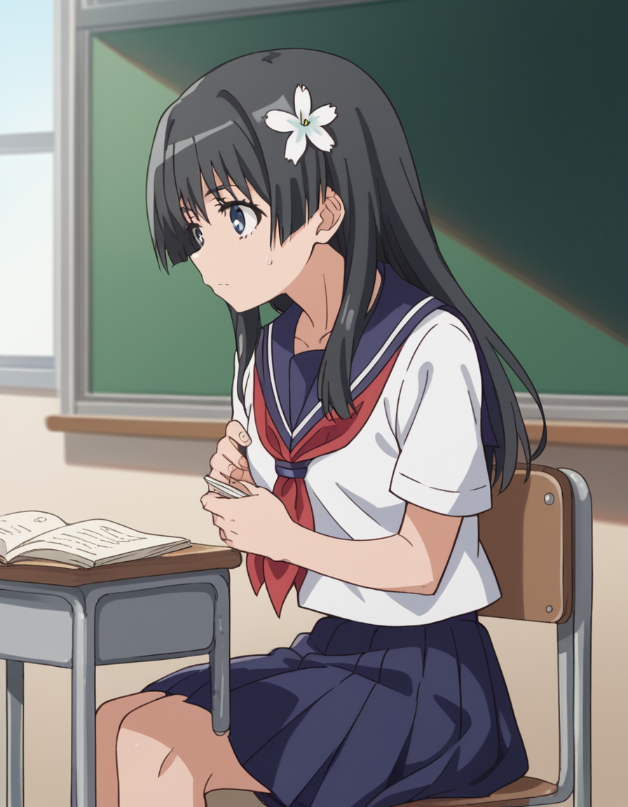 score_9, score_8_up, score_7_up, source_anime, <lora:saten-ruiko-s3-ponyxl-lora-nochekaiser:1>, saten ruiko, black hair, blue eyes, long hair, hair ornament, flower ornament,, blue skirt, pleated skirt, sakugawa school uniform, school uniform, serafuku, skirt, summer uniform,, classroom, chalkboard, day time, studying, sitting, chair, desk,, , , arm bent, leg extended, hand on chest, solo,, cowboy shot, dutch angle