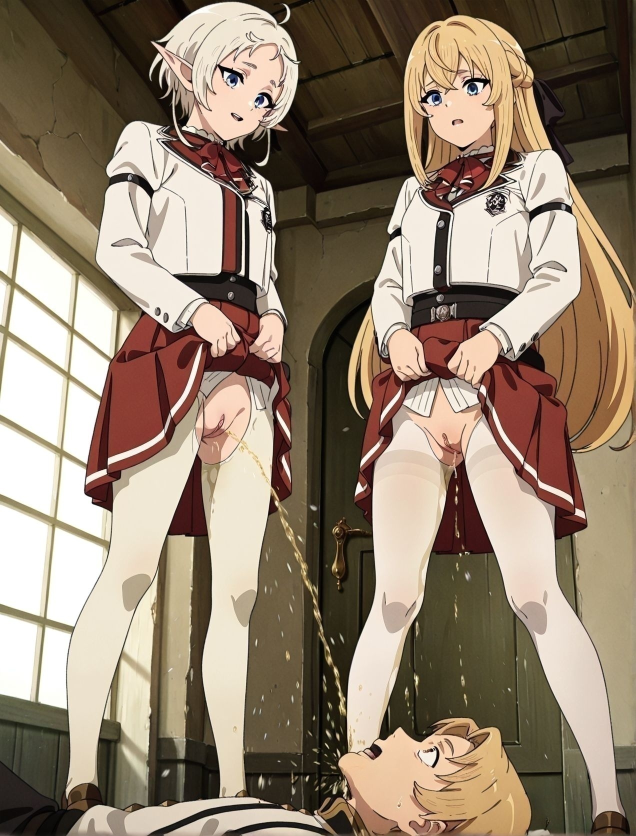 masterpiece, best quality, newest, absurdres, highres, detailed eyes, beautiful, detailed background, perfect eyes, anime coloring, anime screencap,
<lora:Ariel_Anemoi_Asura_Illustrious:0.8>, aaa, blue eyes, blonde hair, long hair, school uniform, white jacket, long sleeves, red skirt, black hair ribbon, white pantyhose, shoes
<lora:golden_shower:0.8>:golden_showerV1,
multiple girls, 2girlsr, pee on male face, pee on male mouth,
girl pees on a boy,golden shower, skirt lift, pussy, 
Rudeus Greyrat,  mushoku tensei,  blonde hair,    
sylphiette \(mushoku tensei\), short hair,