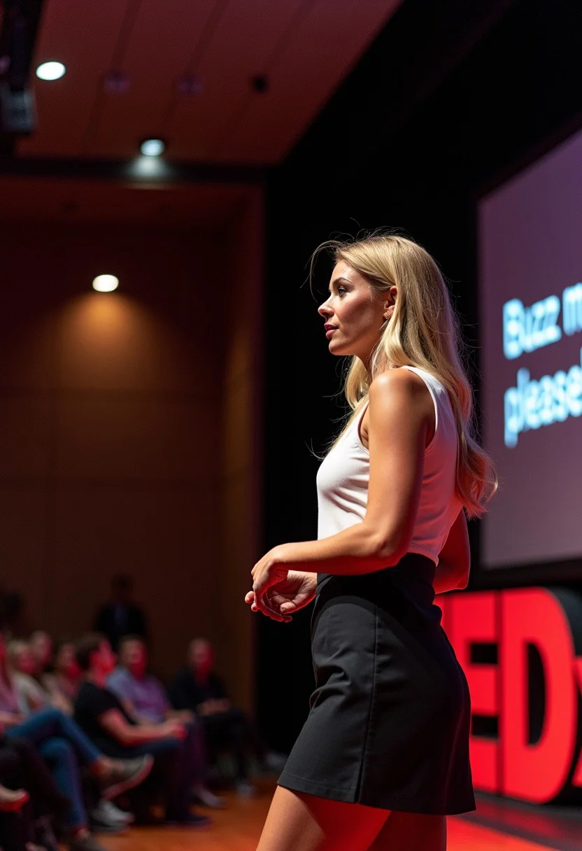 a beautiful blonde woman with long blonde hair wearing a smart minidress outfit with white top stands in front of an audience at a large auditorium. There is a logo to the right of the stage reading "TEDx". On the stage is a large screen at the back of the stage with the words "Buzz me please!". The text is clearly visible and not blurred in any way