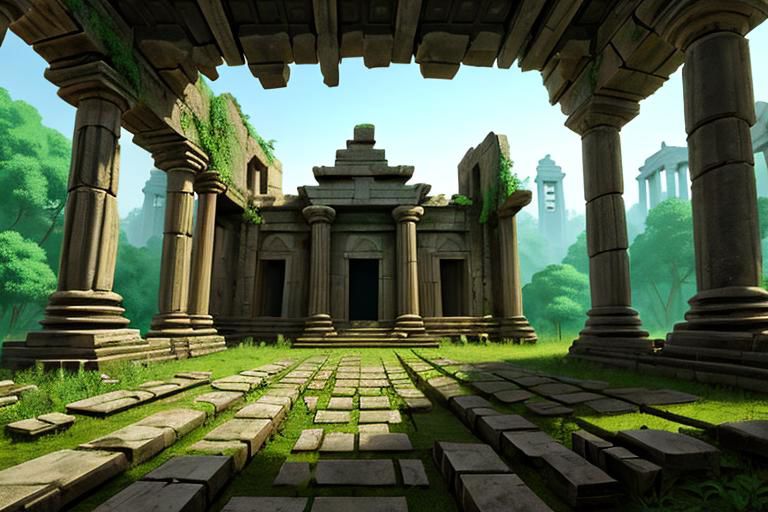 The huge interior ruins of an ancient temple, overrun by encroaching jungle