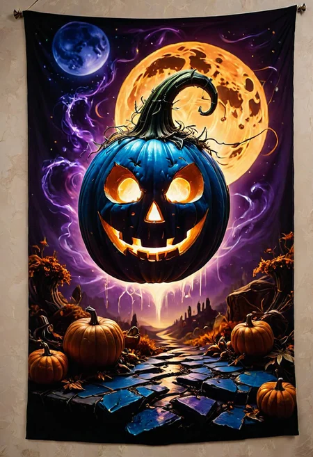 a Halloween theme, Jack-o’-Lantern, Comic Art, Chiaroscuro, Rembrandt Lighting, Shot Canon EOS R5 Amethyst Color, Azure color, Beige Color, Cyber Effect, Luminous Trails, Ceramic, Ferrofluid, Fantasy, Twilight Tapestry Backdrop, Hyper-realistic, 8k, By Jack Kirby