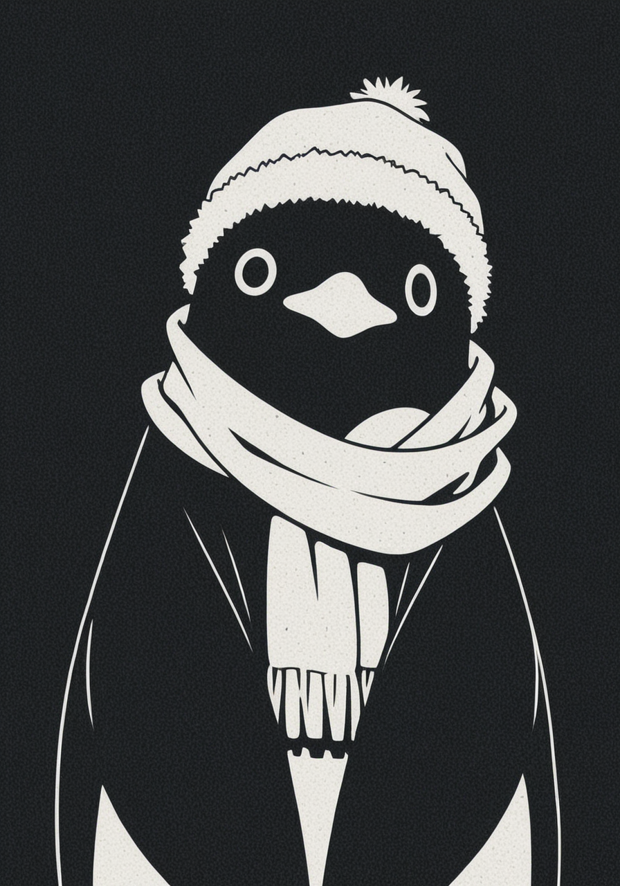 a picture of a cute fluffy anime penguin, black outline, thick outlines, masterpiece, extreme quality, anime wallpaper, screencap, cg, hyper focus, good detail, tundra, wearing a scarf, winter hat, (no humans), masterpiece, best quality, high contrast, (adorable), (anime), art, exceptional, top tier, vector art