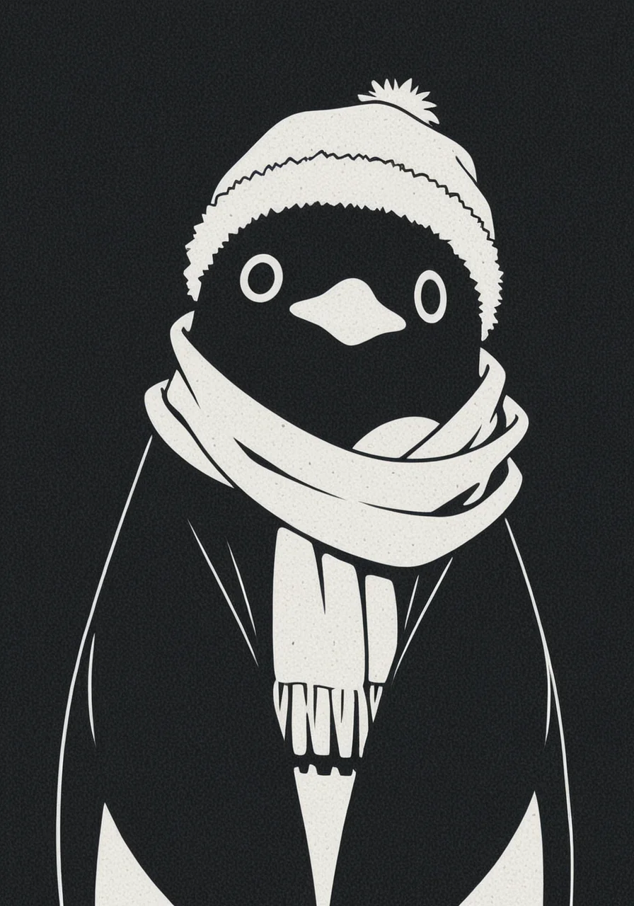 a picture of a cute fluffy anime penguin, black outline, thick outlines, masterpiece, extreme quality, anime wallpaper, screencap, cg, hyper focus, good detail, tundra, wearing a scarf, winter hat, (no humans), masterpiece, best quality, high contrast, (adorable), (anime), art, exceptional, top tier, vector art