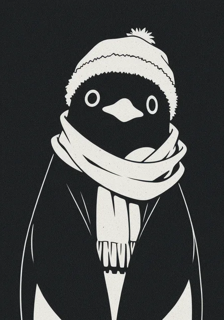 a picture of a cute fluffy anime penguin, black outline, thick outlines, masterpiece, extreme quality, anime wallpaper, screencap, cg, hyper focus, good detail, tundra, wearing a scarf, winter hat, (no humans), masterpiece, best quality, high contrast, (adorable), (anime), art, exceptional, top tier, vector art