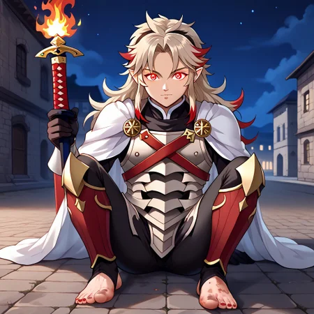 masterpiece, best quality, sharp aliasing, highly detailed, 1male, male body, male,EPfeCorrin, white cape with flames, armour, black gloves, black pants, wearing pants, outdoors, stone tiled ground, buildings, night, barefoot, toeless legwear, armoured legwear, shin armour, leg armour, leg and shin amour, stirrup legwear, black stirrups, 5 toes, Quality, High Definition, Full body view, solo, rengoku kyojuro, forked eyebrowns, long hair, two-tone hair, multicolored hair, red eyes, red eyes, pointy ears, sword, red toenails, dirty feet, glowing eyes, sitting