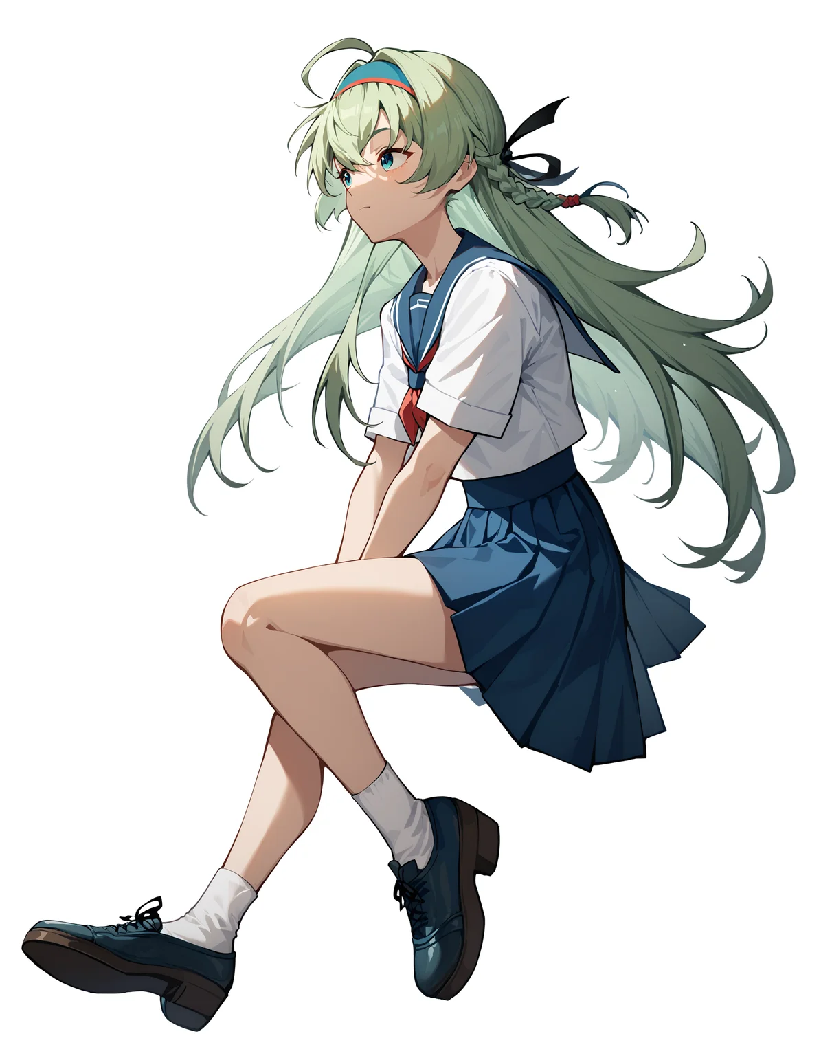 score_9,score_8_up,score_7_up,sailor,sailor collar,sailor skirt,full body,white background,simple background,
<lora:lei_pony:0.6>,thrud-lei,1girl,solo,long hair,hairband,green hair,braid,hair ribbon,bangs,ahoge,<lora:Anime_Screencap:1>,