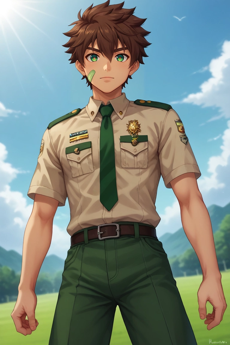 score_9, score_8_up, score_7_up, source_anime, rating_safe, , (realistic:0.6), looking at viewer, depth of field, 1boy, solo, male focus, <lora:keitaro_nagame_pony:0.98>, keitaro_nagame, brown hair, green eyes, short hair, bandaid on face, uniform, wide angle, wide shot, cowboy shot, armory, day, clouds, dynamic pose, heart eyes, , <lora:sdxl_lightning_8step_lora:1>