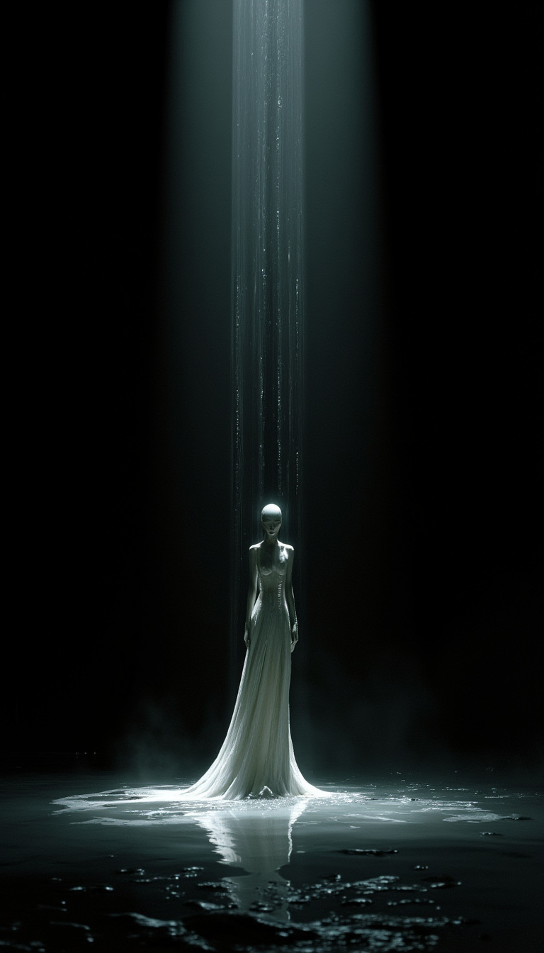 close-up, Endless black space, black mirrored floor. Princess Elsa is frozen in an icy river. A hauntingly beautiful vintage analog photograph, semi-realistic dark gothic fantasy anime style, soft diffused lighting with subtle light scattering and gentle highlight diffusion, muted reflections, solid black background, a towering, impossibly tall illithid mind flayer standing beneath a faint, flickering streetlight, its elongated shadow stretching unnaturally long, reaching toward something unseen and sinister, the mind flayer's slender, otherworldly form bathed in the eerie glow, its tentacles subtly swaying, exuding an aura of malevolent intelligence, the scene evokes a sense of foreboding and dread, with an unsettling atmosphere of lurking unseen horrors, the lighting creates soft refractions and subtle ambient effects, enhancing the mysterious and ominous mood., ne0nfant4sy, jitostyle, R3alisticF, akira_style,.,vintage analog photograph, semi-realistic, dark gothic fantasy, anime style, soft diffused lighting, subtle light scattering, gentle highlight diffusion, muted reflections, solid black background, towering impossibly tall illithid mind flayer, elongated shadow stretching toward unseen sinister presence, slender otherworldly form, faint flickering streetlight glow, tentacles subtly swaying, malevolent intelligence, foreboding dread, lurking unseen horrors, soft refractions, ambient effects, mysterious ominous mood,, ne0nfant4sy, jitostyle, R3alisticF, akira_style,. igiex. . Frank Frazetta fantasy oil painting, dynamic pose,  UNI_SCI_FI_CORE.
