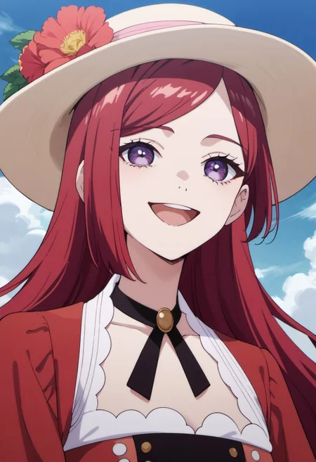 score_9, score_8_up, score_7_up, source_anime,pride royal ivy, red hair, long hair, purple eyes, 1girl, solo, hat, smile, sky, choker, open mouth, anime coloring, cloud, day, black choker