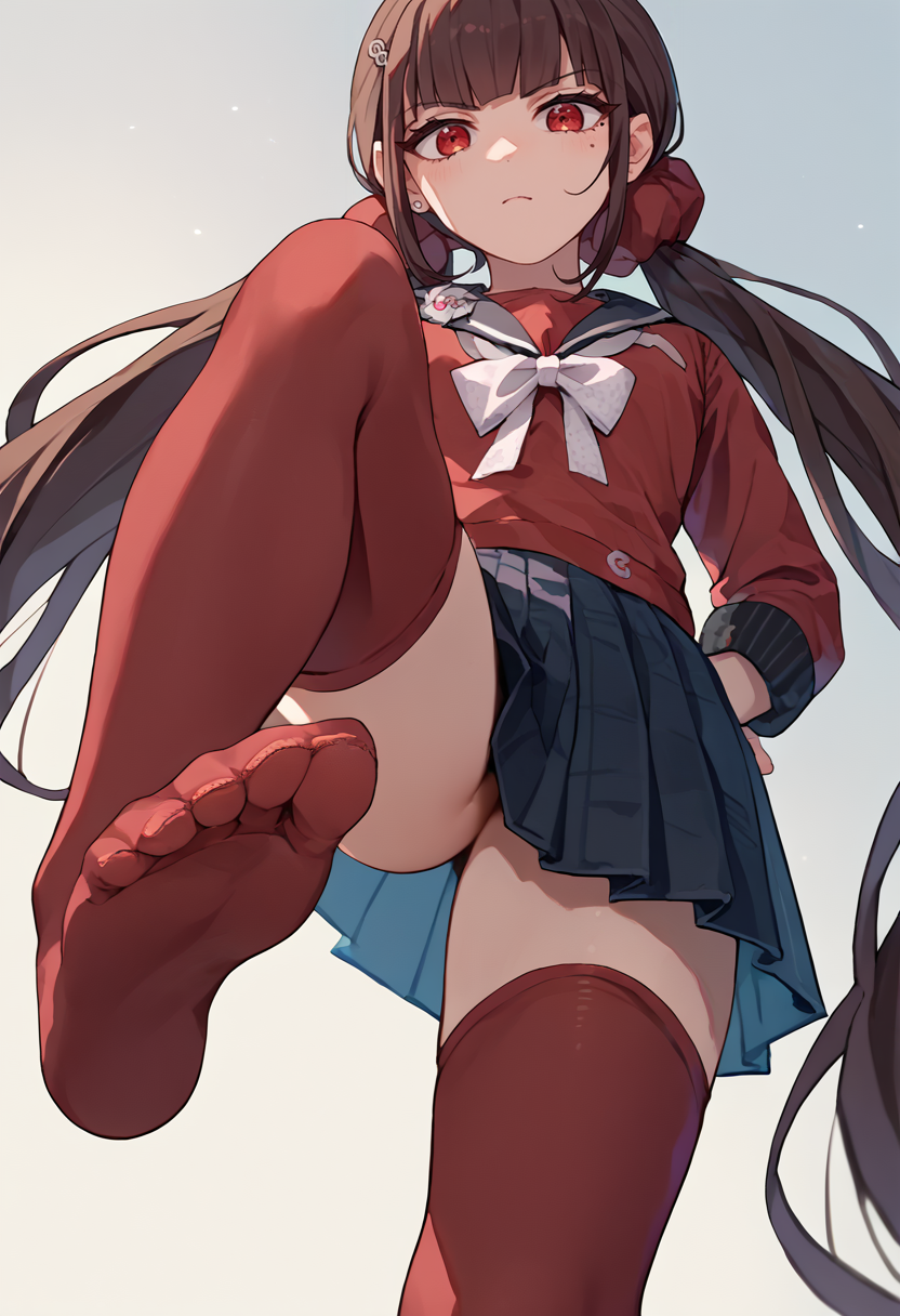 score_9, score_8_up, score_7_up, source_anime,  1girl, feet, from below, pov,   <lora:Stepped on PXL-000014:1>    <lora:MakiPDXLCAME:1> Harumaki, 1girl, low twintails, red eyes, brown hair, mole under eye, hairclip, red shirt, brooch, pleated skirt, white bow, red thighhighs, red scrunchie,
