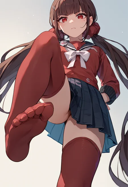 score_9, score_8_up, score_7_up, source_anime,  1girl, feet, from below, pov,   <lora:Stepped on PXL-000014:1>    <lora:MakiPDXLCAME:1> Harumaki, 1girl, low twintails, red eyes, brown hair, mole under eye, hairclip, red shirt, brooch, pleated skirt, white bow, red thighhighs, red scrunchie,