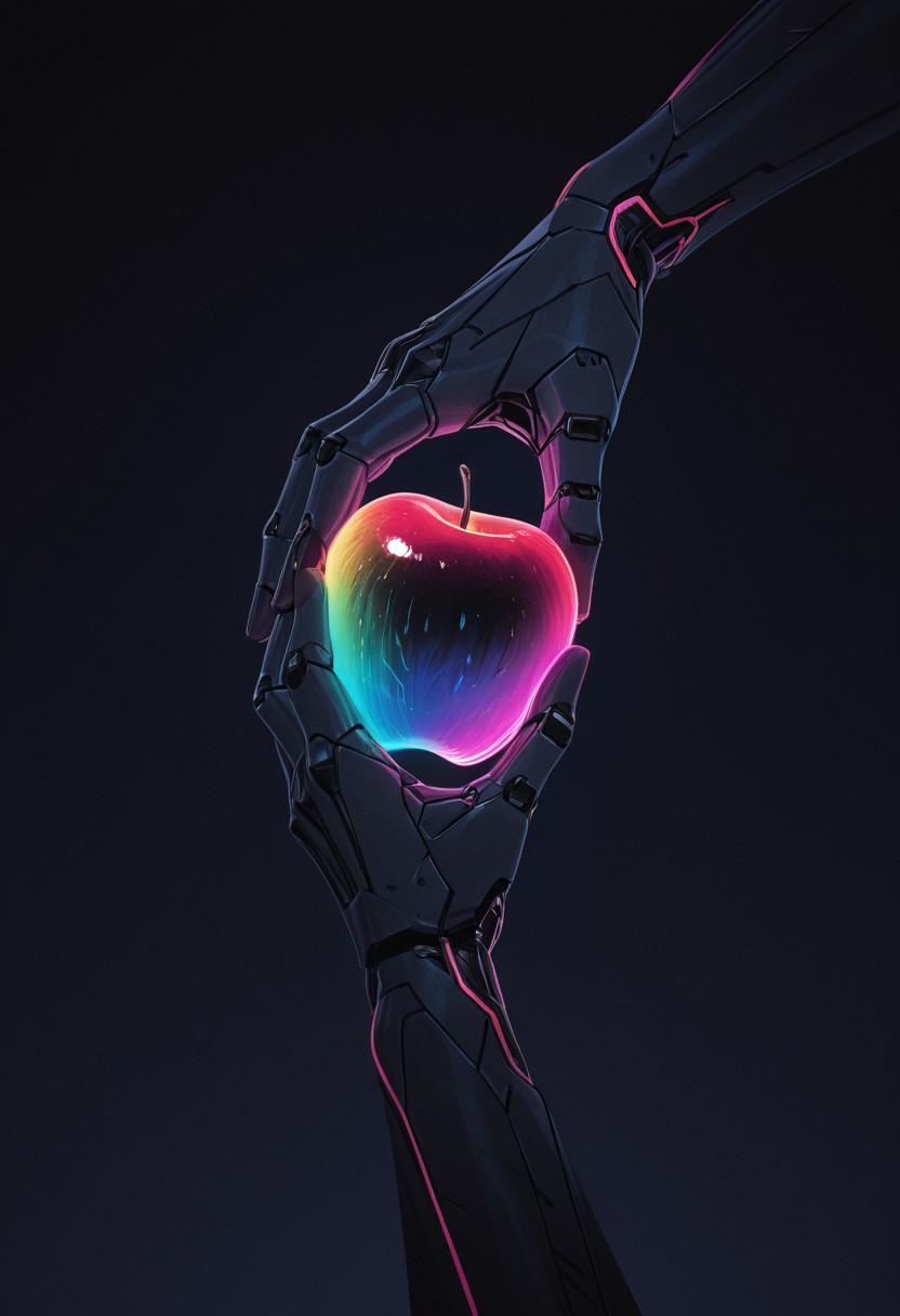 masterpiece, best quality, amazing quality, very aesthetic, absurdres, newest, cinematic_lighting, ultra_detailed, intricate_details, ajnblyst, Closeup of an intricate designed Robotic humanoid Hand Holding a neon colorful Apple in darkness, cyberpunk
