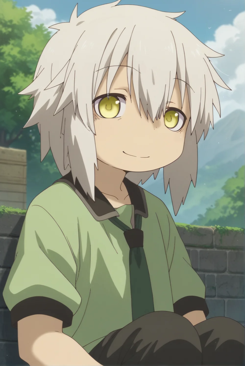 score_9, score_8_up, score_7_up, source_anime, anime style, 1boy, solo, human nanachi, white hair, yellow eyes, outdoors, dark, smile, black pants, green shirt with black tie, <lora:Human_Nanachi_-_Made_in_Abyss_Pony:1>,