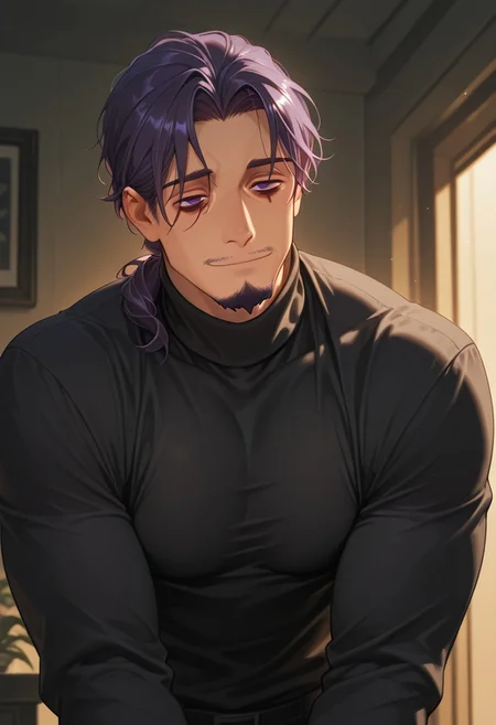 1boy, mbti_intp, mature man, purple eyes, droopy eyes, eye bags, tied hair, goatee, soft lighting, sensual gaze, leaning slightly, hint of a smile, elegant black turtleneck, subtle muscle definition, sophisticated urban background, nighttime