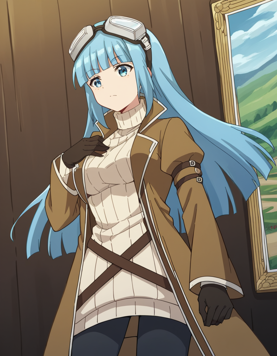 score_9, score_8_up, score_7_up, source_anime, <lora:bofuri-iz-s2-ponyxl-lora-nochekaiser:1>, iz, long hair, bangs, blue eyes, blue hair, blunt bangs,, gloves, long sleeves, dress, pantyhose, black gloves, sweater, coat, turtleneck, goggles, ribbed sweater, goggles on head, open coat, turtleneck sweater,, museum, art exhibit, paintings, observing, quiet contemplation, cultural experience, , , arm bent, leg extended, hand on chest, solo,, cowboy shot, dutch angle