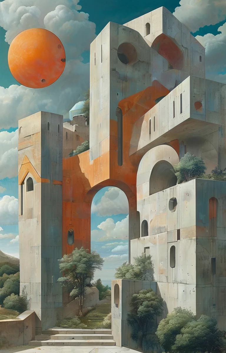 masterpiece,best quality,<lora:tbh306-sdxl:0.9>,illustration,design by Michael Graves, Brutalist concrete university campus with geometric shapes and exposed materials