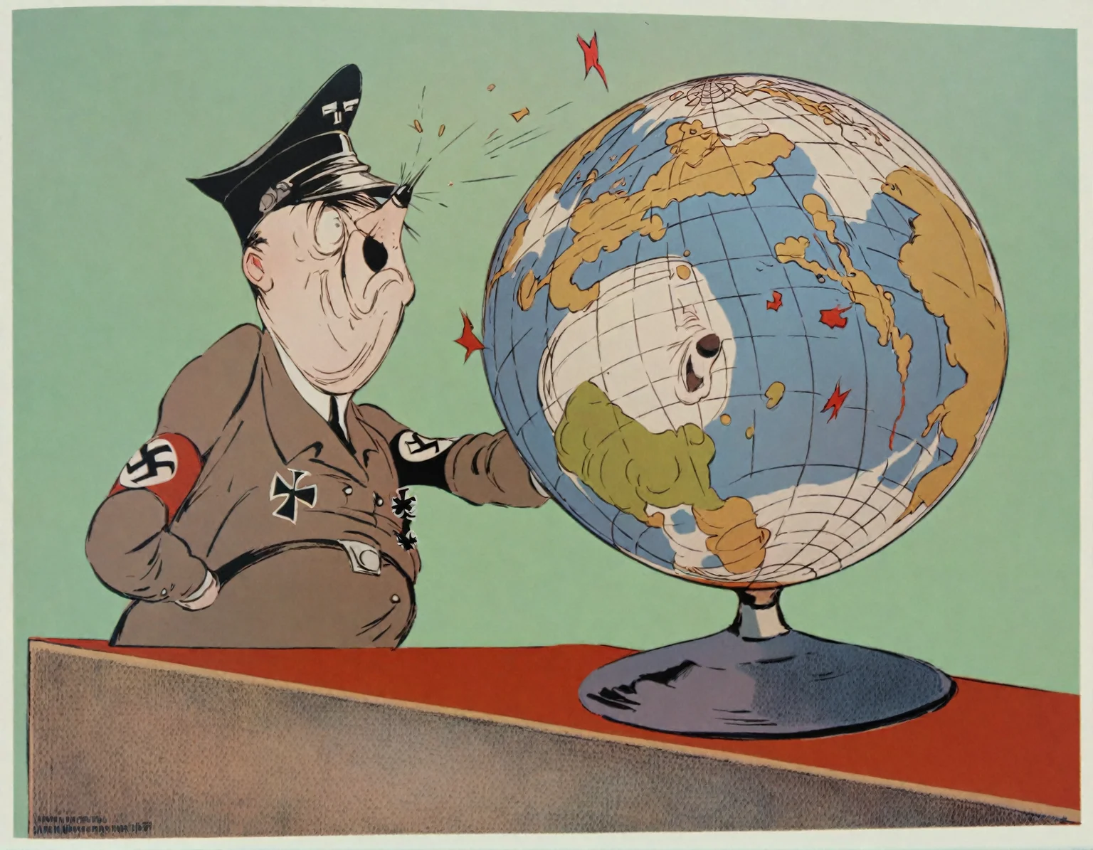 <lora:kukryniksy_pony_v3:1.0> ' caricature parody ' by Kukryniksy in 1943, caricature \(genre\), Socialist Realism \(style\), hitler looking at a globe, score_9, score_6_up, score_7_up