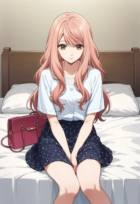 score_9, score_8_up, score_7_up, source_anime, igarashi iroha, light pink hair, long hair, brown eyes, 1girl, solo, skirt, sitting, bag, bed, handbag, seiza