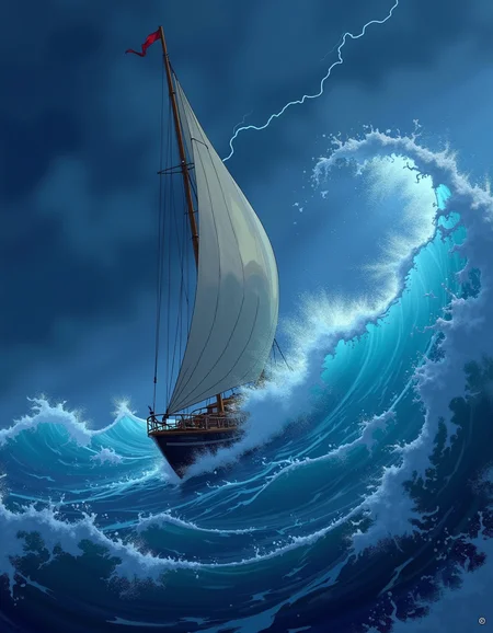 Cinematic scene of a sail boat going up a wave, rough waters, stormy, lighting,  <lora:animation2k_v1:1>, 2d disney cartoon style,