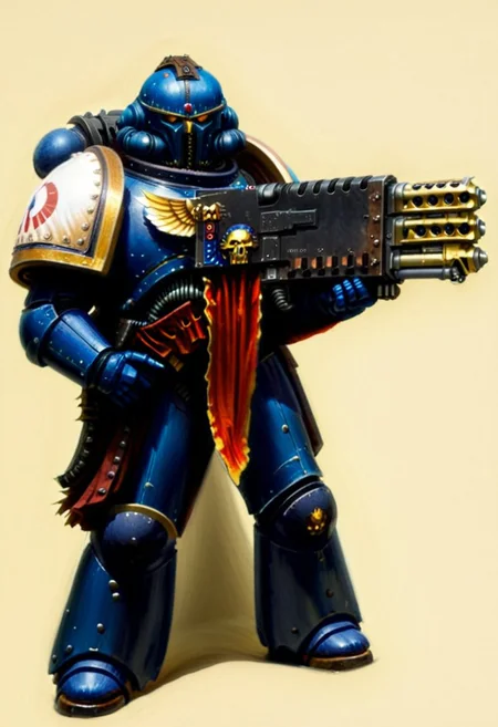 Score_9_up, absurdres, source: GamesWorkshop, grimdark, gothic horror, an adeptus astartes Ultramarines space marine in armor and helmet wielding a melta gun