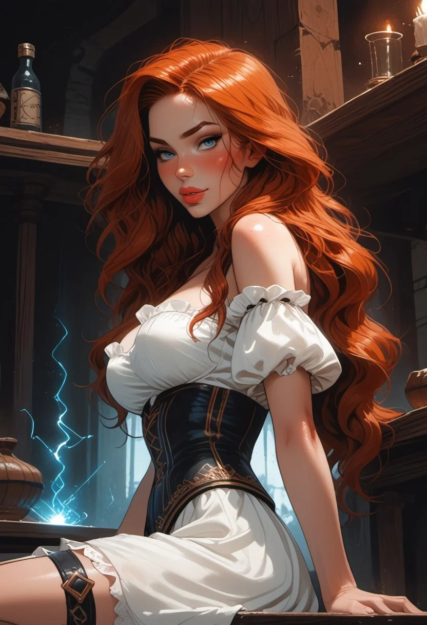 Safe_pos, (score_9, score_8_up, score_8), ((zPDXL3)), ultra detailed, high resolution, high quality, masterpiece, intricate details, intricate body, intricate landscape, knva, Expressiveh, hkmagic, missfortune, European Instagram Model, Sorceress, Wizard, Casting Thunder Magic Spells, Magic Circle, Thigh Strap, Tavern, midnight, 1girl, source_cartoon, Petite, ((Dark-Auburn Hair, Blue Eyes, Full Lips, Delicate and Smooth Skin, Blush Perfect Body, Highly Detailed, Glossy Lips)), Beautiful, Attractive, (Long Hair, Shiny Hair), (perfect round breasts, large breasts), (Wizard), ((Femme Fatale)), Tight-Fitting Blue-and-White Dress, Corset, Sexy, Belt, Brown Thigh-High Boots, Fantasy, Medieval, ((Extremely Detailed Face and Eyes)), Looking at Viewer, (Flirty Smile), Soft Lighting, Warm Lighting, Unique Angle, Unique Perspective, Dramatic Angle, ((Full Body)), From Above, Side Shot, ((Sitting on Tabletop, Arched Back, Leaning Back)), Tomes in Background, Magic Book, Ritual
<lora:add-detail-xl:1.5>,
<lora:Expressive_H:0.7>,
<lora:Kenva:1>,
<lora:incase_2024_new_style_upscaled_with_big_images:0.8>,
<lora:missfortune:0.65>,
<lora:Fantasy_Wizard__Witches_Pony:0.4>,