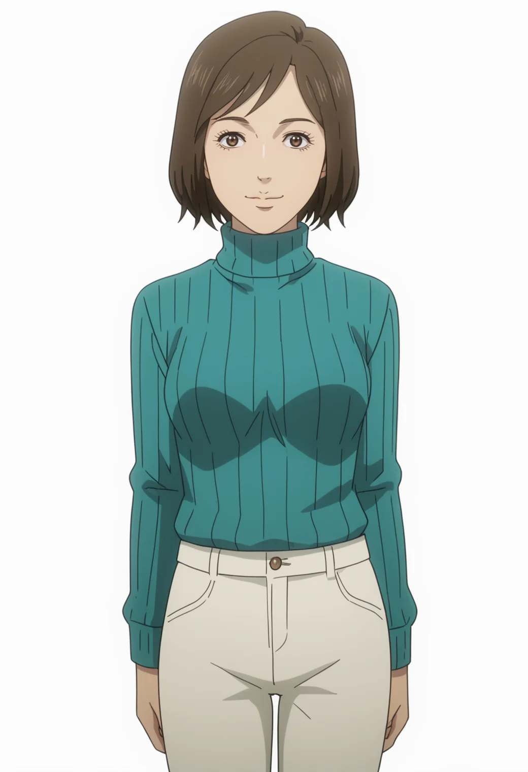 score_9, score_8_up, score_7_up, source_anime, BREAK 1girl, solo, cowboy shot, white background,  <lora:DX888Misaki:1>, shimizu misaki, brown hair, brown eyes, bob cut,    anime screencap, knees together feet apart, standing,    pants,  smile, ribbed sweater,