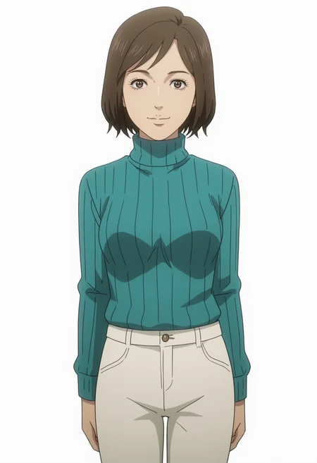 score_9, score_8_up, score_7_up, source_anime, BREAK 1girl, solo, cowboy shot, white background,  <lora:DX888Misaki:1>, shimizu misaki, brown hair, brown eyes, bob cut,    anime screencap, knees together feet apart, standing,    pants,  smile, ribbed sweater,