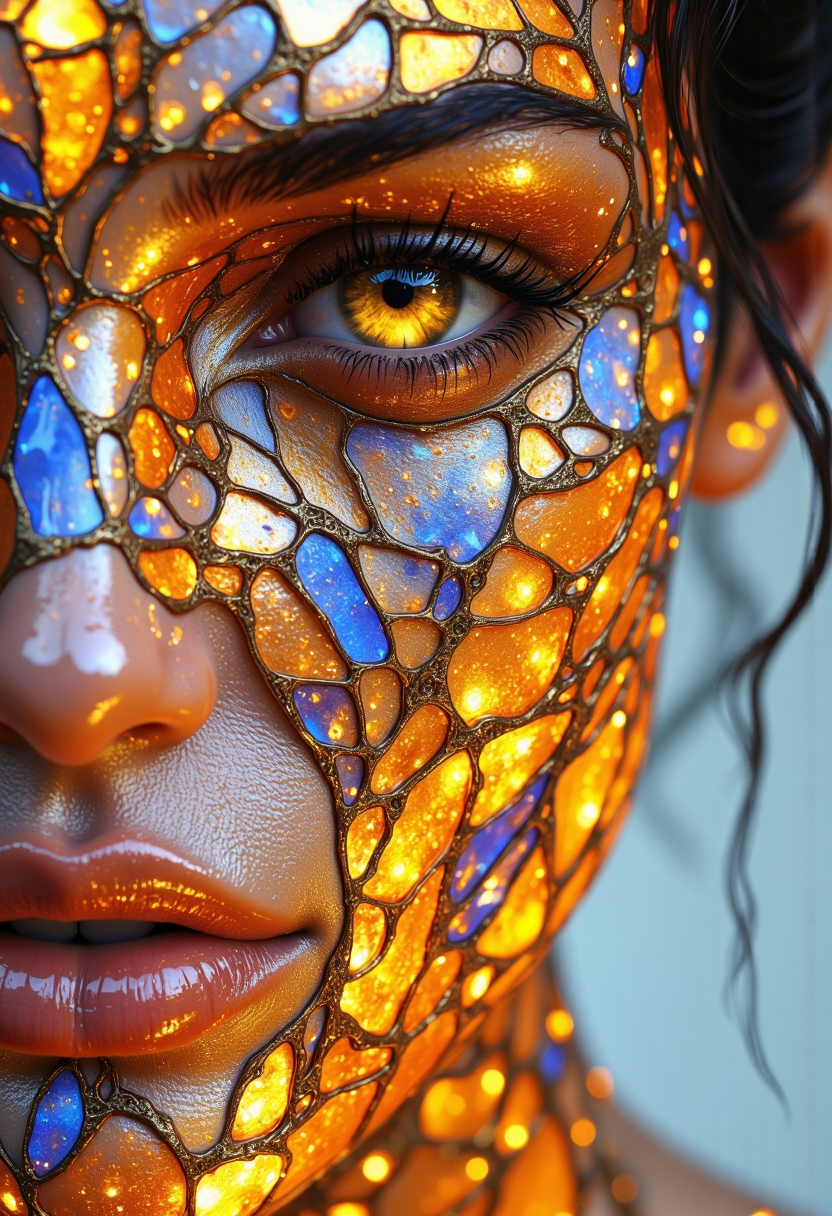 An ultra close-up portrait of a womanâs face, filling the entire frame, leaving no visible background. Her skin is not flesh but an intricate mosaic of delicate, small stained glass panels, each piece a shimmering array of sapphire blues, fiery oranges, and amethyst purples. The glass is smooth, flawless, and seamlessly fitted, reflecting soft, ambient light that dances across the curved contours of her cheeks, nose, and brow. Her eyes are pure liquid gold, shifting and flowing like sunlit honey, glowing faintly from within. The light inside her irises moves hypnotically, creating a mesmerizing sense of depth. Each blink is slow and deliberate, as if time itself lingers in her gaze. Her lips are translucent, infused with deep ruby and amber hues, their surface polished like molten glass. When she parts them slightly, the sound of wind chimes fills the air, delicate and melodic, as though her breath carries a faint celestial resonance. The stained glass panels shift in tone as light passes through, casting fleeting reflections of color onto her own features. Tiny, golden filaments run along the edges of each glass piece, forming an intricate network of organic, vein-like patterns that pulse faintly, as if carrying a hidden energy within. The soft glow from within her face creates a dreamlike, ethereal quality, giving the impression that she is not entirely of this worldâpart divine artifact, part living being. Images of distant lands are reflected in the molten glass. <lora:aidmamj61FLUXV04.y8J9:0.5000000000000001> <lora:SkoolDaze_Fantasy_Portrait-000001:0.7000000000000002> <lora:fantasyFluxNymicalV2.55Lx:0.4000000000000001> <lora:Elden_Ring_-_Yoshitaka_Amano:0.8000000000000002>
