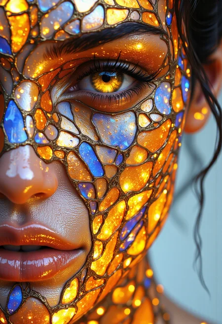 An ultra close-up portrait of a womanâs face, filling the entire frame, leaving no visible background. Her skin is not flesh but an intricate mosaic of delicate, small stained glass panels, each piece a shimmering array of sapphire blues, fiery oranges, and amethyst purples. The glass is smooth, flawless, and seamlessly fitted, reflecting soft, ambient light that dances across the curved contours of her cheeks, nose, and brow. Her eyes are pure liquid gold, shifting and flowing like sunlit honey, glowing faintly from within. The light inside her irises moves hypnotically, creating a mesmerizing sense of depth. Each blink is slow and deliberate, as if time itself lingers in her gaze. Her lips are translucent, infused with deep ruby and amber hues, their surface polished like molten glass. When she parts them slightly, the sound of wind chimes fills the air, delicate and melodic, as though her breath carries a faint celestial resonance. The stained glass panels shift in tone as light passes through, casting fleeting reflections of color onto her own features. Tiny, golden filaments run along the edges of each glass piece, forming an intricate network of organic, vein-like patterns that pulse faintly, as if carrying a hidden energy within. The soft glow from within her face creates a dreamlike, ethereal quality, giving the impression that she is not entirely of this worldâpart divine artifact, part living being. Images of distant lands are reflected in the molten glass. <lora:aidmamj61FLUXV04.y8J9:0.5000000000000001> <lora:SkoolDaze_Fantasy_Portrait-000001:0.7000000000000002> <lora:fantasyFluxNymicalV2.55Lx:0.4000000000000001> <lora:Elden_Ring_-_Yoshitaka_Amano:0.8000000000000002>