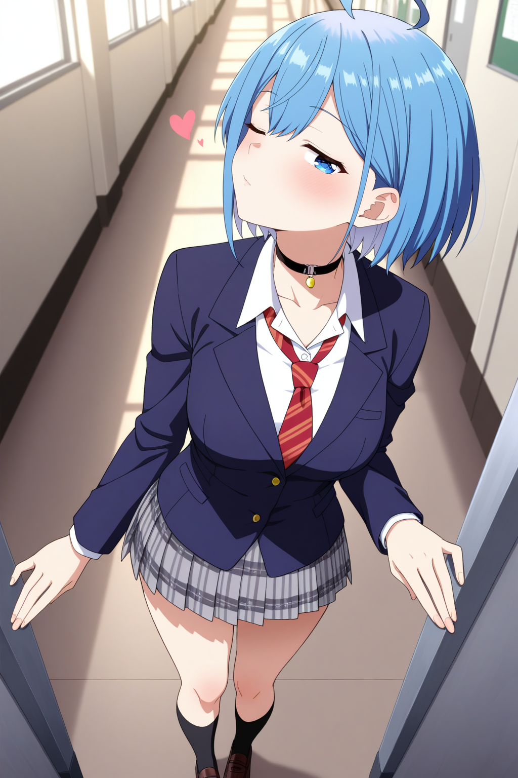 masterpiece, best quality, amazing quality, very aesthetic, absurdres, ultra detailed,
<lora:il_contrast_slider_d1 (Ð¦ÐÐÐ¢ ÐÐÐ Ð¢ÐÐÐÐ):-0.8>
 <lora:Himari Inuzuka:0.8> himari_inuzuka, 1girl,
blue eyes,short hair,ahoge,choker,gray skirt,black socks,plaid skirt,striped necktie,white shirt,red necktie,pleated skirt,loafers,black choker,blue jacket, \ndetailed eyes, one eyes closed,\nblowing kiss, looking at viewer, heart, tilt head,\ndetailed background, schools corridor, dynamic shot,