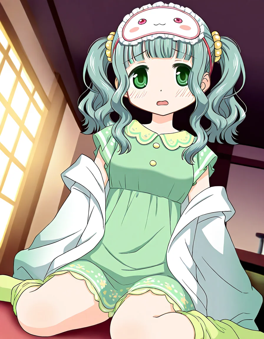 masterpiece, best quality, newest, absurdres, highres, safe, 1girl, futaba sana \(roomwear costume\), magia record: mahou shoujo madoka magica gaiden, yellow green socks, solo, open mouth, wariza, indoors, dutch angle, <lora:futaba_sana_noobaiXLNAIXL_vPred10Version:0.7>