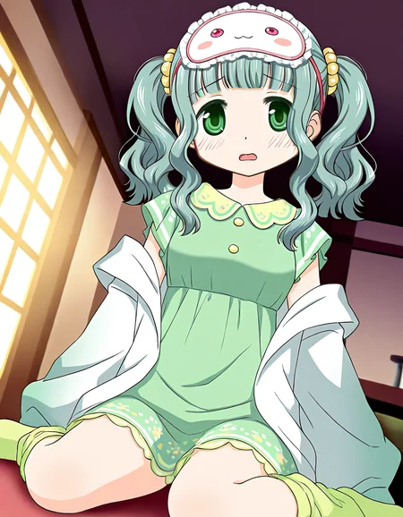 masterpiece, best quality, newest, absurdres, highres, safe, 1girl, futaba sana \(roomwear costume\), magia record: mahou shoujo madoka magica gaiden, yellow green socks, solo, open mouth, wariza, indoors, dutch angle, <lora:futaba_sana_noobaiXLNAIXL_vPred10Version:0.7>