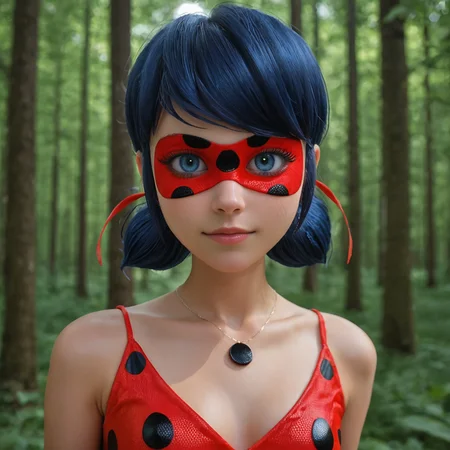 Ladybug in dress, 1girl, domino mask, blue hair, cuitie face, beautiful blue eyes, photorealism, smily for photo in night forest
