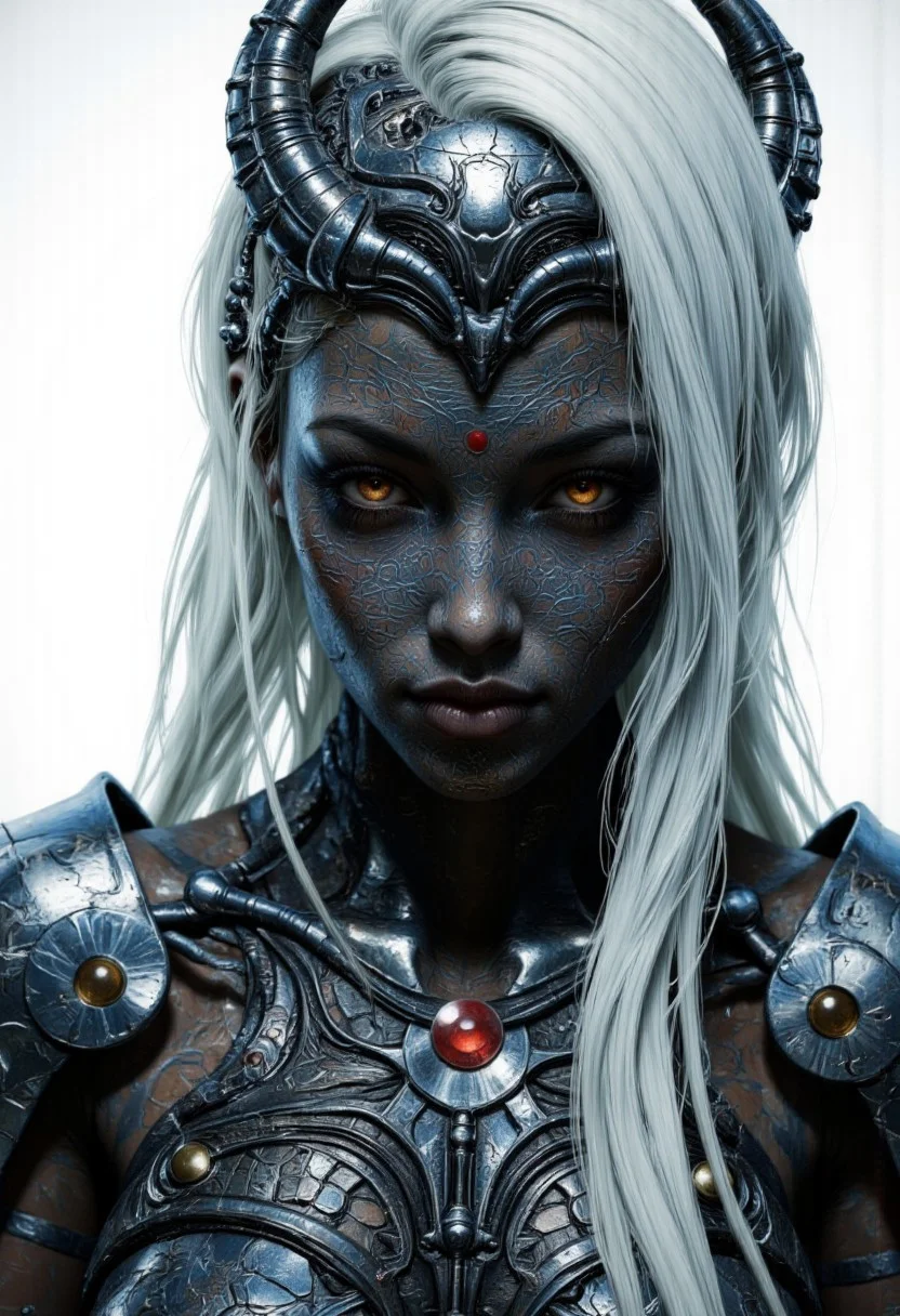 An extreme closeup portrait for an enigmatic and otherworldly woman with intricately textured metallic skin, their face and body adorned with elaborate biomechanical patterns that ripple like living armor. The figure's piercing crimson eyes glow with an intense, otherworldly energy, contrasting sharply with the cool, dark tones of their neck and face. Long, silver-white hair cascades down their back, enhancing their ethereal and alien appearance. The brightly illuminated background emphasizes their enigmatic presence, evoking a sense of mystery and power.