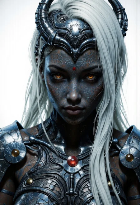 An extreme closeup portrait for an enigmatic and otherworldly woman with intricately textured metallic skin, their face and body adorned with elaborate biomechanical patterns that ripple like living armor. The figure's piercing crimson eyes glow with an intense, otherworldly energy, contrasting sharply with the cool, dark tones of their neck and face. Long, silver-white hair cascades down their back, enhancing their ethereal and alien appearance. The brightly illuminated background emphasizes their enigmatic presence, evoking a sense of mystery and power.