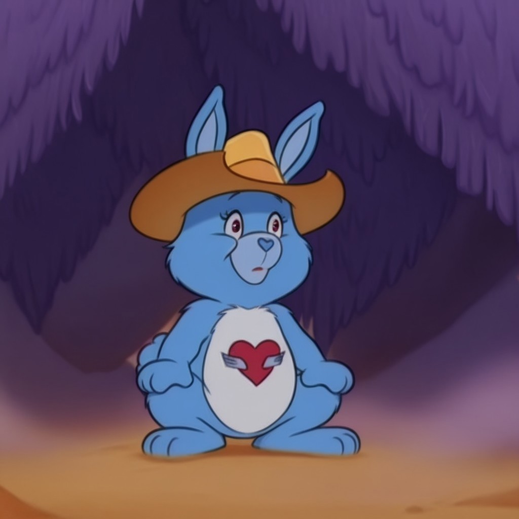 masterpiece, best quality, amazing quality,  swiftHrtil, semi-anthro, female, rabbit_girl, blue fur, tummy symbol, yellow cowboy hat, outside,