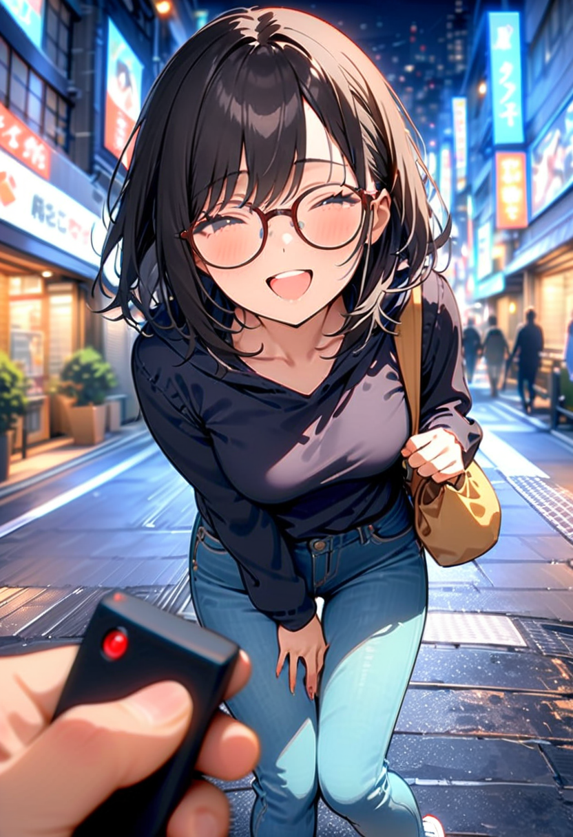 masterpiece, best quality, very aesthetic, absurdres,
1girl, solo, glasses, black hair, medium hair, medium breasts, casual style, jeans, t-shirts, sneakers, hoodies, simple accessories, comfortable clothing, bag, laughing, looking at viewer, 
remote controller, remote control, holding, pov, street, city lights, cityscape, lamppost, 
<lora:remocon_SDXL_V2:0.8>