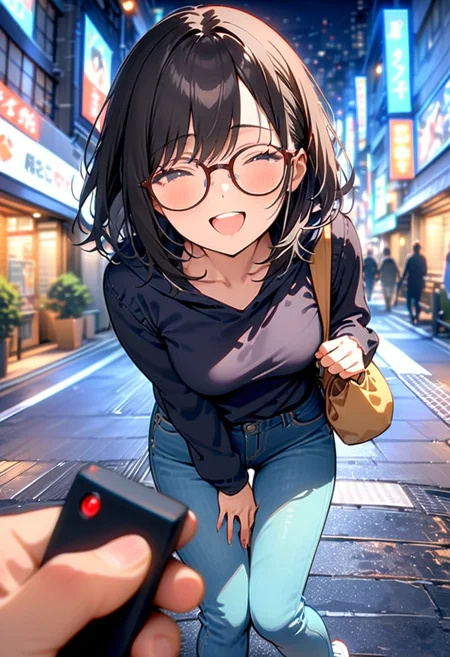 masterpiece, best quality, very aesthetic, absurdres,
1girl, solo, glasses, black hair, medium hair, medium breasts, casual style, jeans, t-shirts, sneakers, hoodies, simple accessories, comfortable clothing, bag, laughing, looking at viewer,
remote controller, remote control, holding, pov, street, city lights, cityscape, lamppost,
<lora:remocon_SDXL_V2:0.8>