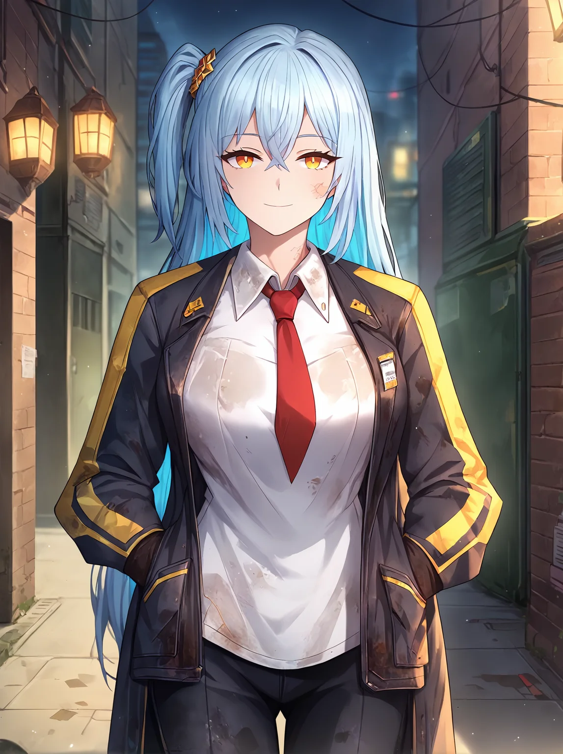 score_9,
<lora:limbus_company_v1_lite:1>,
1girl, epic, long hair, light blue hair, large breasts, amber eyes, straight hair, one side up,
outdoors, city, alley, light smile, night, dark,
black jacket, open jacket, white shirt, red necktie, black pants, dirty clothes,
cowboy shot, looking at viewer,
high resolution, Masterpiece, detailed