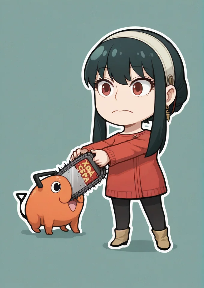 (spy x family:1.2), sticker, colourful, outline, chibi, masterpiece, best quality, very aesthetic, absurdres, 1girl, yor briar, \(spy x family\), simple background <lora:StickerNoobLocon_byKonan:0.7>,  break, (chainsawman), Pochita, chainsaw nose, \(chainsawman\)