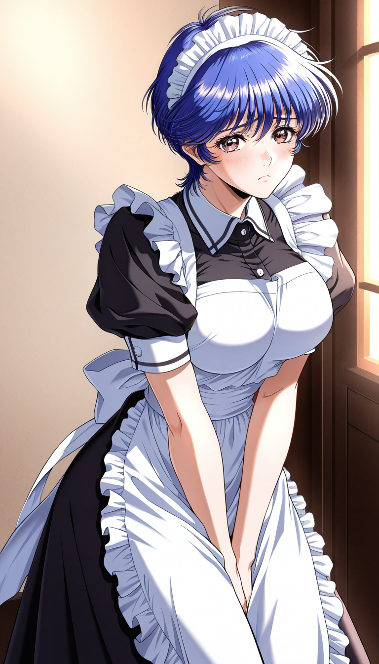 masterpiece, best quality, good quality, <lora:Kurata_arisu_IS:0.9> Kurata_arisu, blue hair,  blush, (no glasses:1.5)
short hair, large breasts,brown eyes, yokota mamoru style,
1girl, solo, maid, maid headdress, apron, short sleeves, looking at viewer, 
maid apron, v arms, frown, sad, puffy sleeves, dress,
Western-style building in the room.