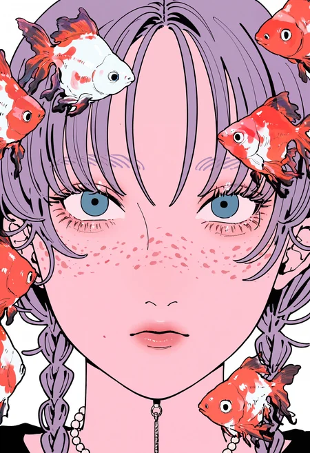 masterpiece, absurdres, newest, very awa, flat color, 1girl, solo, purple hair, twin braids, blue eyes, freckles, beads, face focus, fish, goldfish, <lora:pantz41>