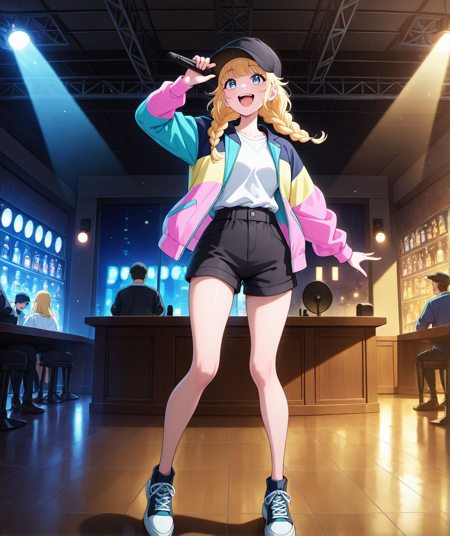 masterpiece,best quality,amazing quality,very aesthetic,absurdres,newest, huge filesize, 
<lora:spo_sdxl_10ep_4k-data_lora_webui:0.5>,anime screenshot, 2d anime,anime coloring, 
<lora:add-detail-xl:1>  
<lora:Paripi_Koumei_V1:1>
Paripi_KoumeiV1,
1girl,hat,
twin braids,baseball cap,
shorts,braid,
blue eyes,blonde hair,
jacket,smile,
black shorts,multicolored jacket,
black headwear,
open mouth,shirt,
long hair,
white shirt,shoes,p_eiko,  singing,microphone, 
 pub, indoors, night, shibuya \(tokyo\),  stage lights, disco,