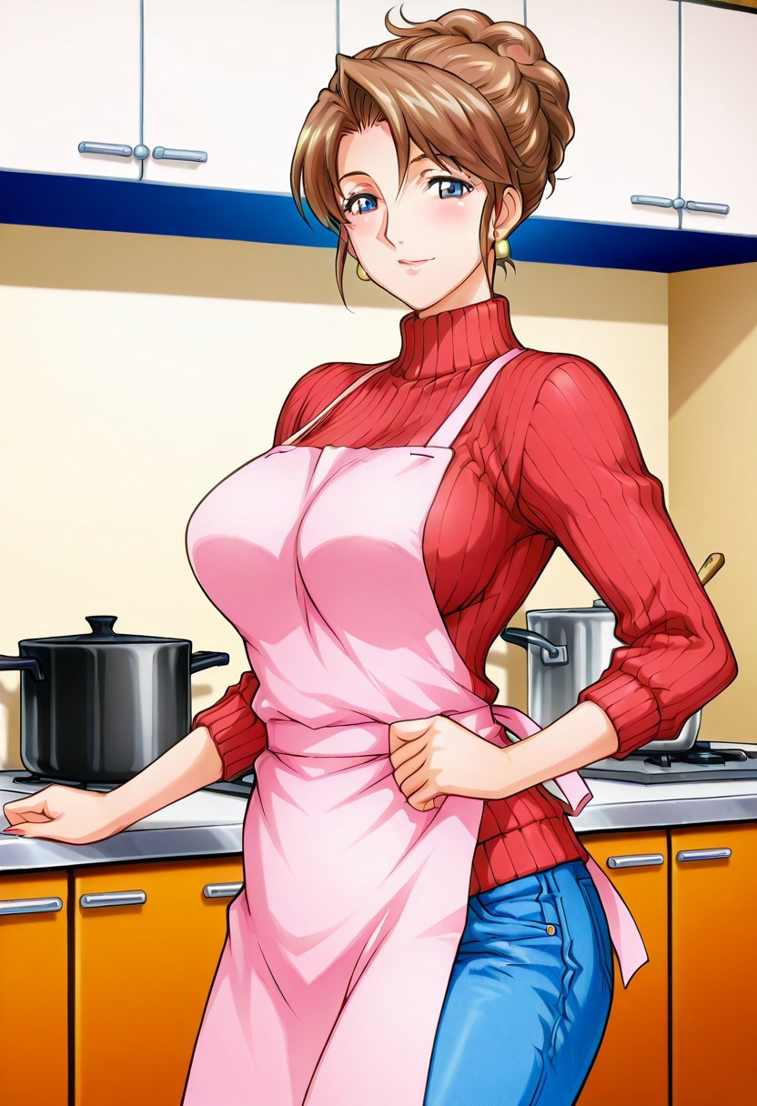 masterpiece, anime screencap, anime coloring, official style,
1girl, solo,
(mami anezaki, brown hair, blue eyes, hair bun, single hair bun,milf,apron, denim, jeans, pants,ribbed sweater, sweater,),looking at viewer, smile,kitchen,