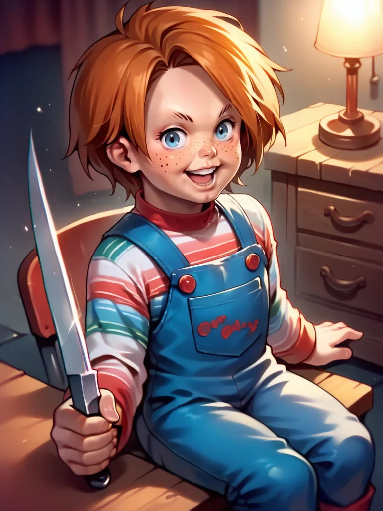 score_9, score_8_up, score_7_up, 1boy, sitting on a chair, looking at viewer, very happy, holding single knife, dynamic pose, dynamic angle, wide shot, cowboy shot, dark room, mystery vibe, wide shot, from side,
<lora:ChuckyXLP_character:1>, ChuckyXLP, short hair, blue eyes, freckles, brown hair, striped, long sleeves, overalls,