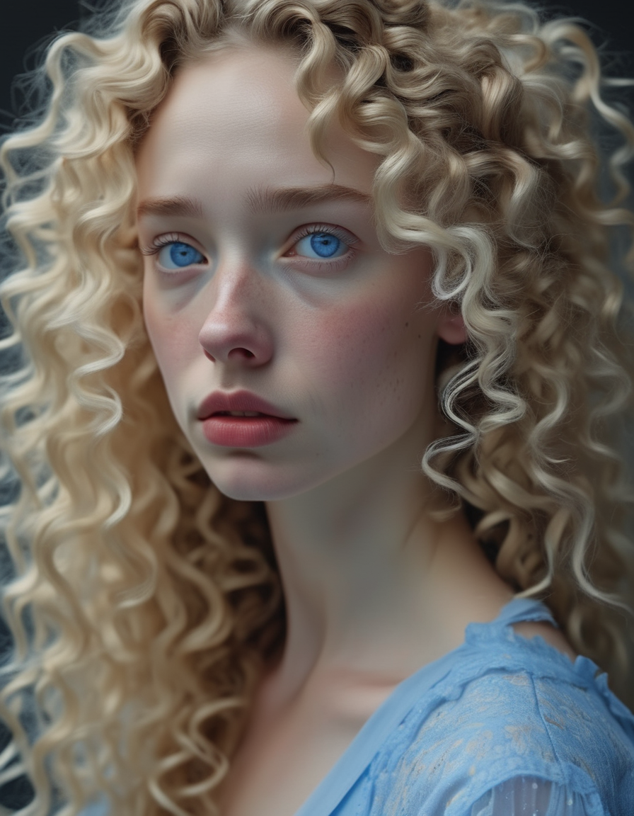 A melancholic profile of a young woman with cascading blonde curls, her pale skin and sad, tear-filled blue eyes capturing a deep sense of longing, her small nose and full lips contributing to her fragile beauty. <lora:usual-portrait-v2:1>